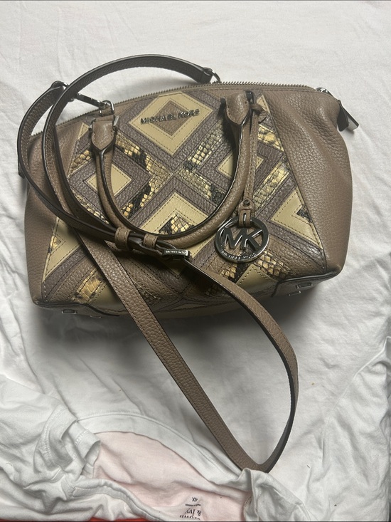 Michael Kors Handbags - Michael Kors Brown & Beige Geometric Leather Satchel with MK Charm; 20-26” strap